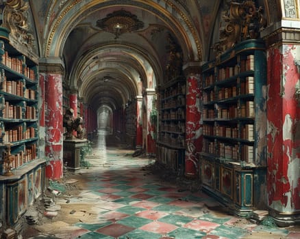 Ancient library scene rendered in a Renaissance painting style, with a focus on depth and perspective.