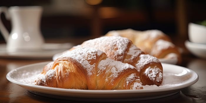 Powdered croissants on plates on the kitchen table with blurred background
