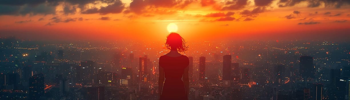 Dreamer's silhouette against a sunset city, the horizon blurring into a realm of possibilities.