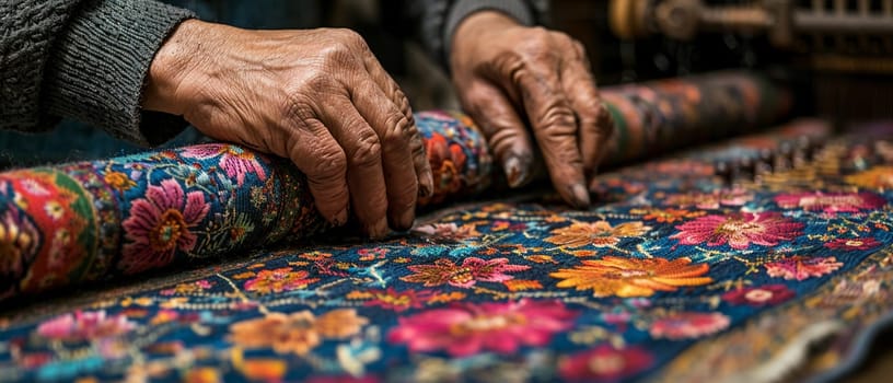 Hands weaving an enchanting tapestry, illustrated with patterns that come alive in a dance of colors.