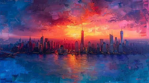 Cityscape from a high vantage point painted in a post-impressionist style, with vivid colors and bold brushwork.