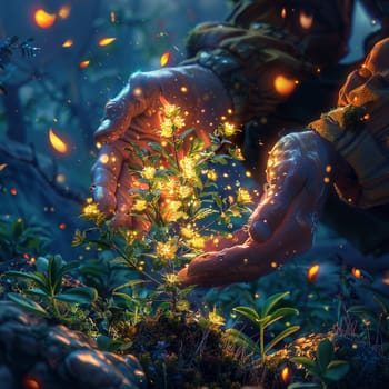 Hands planting a magical seed that glows with life, illustrated in a vibrant digital painting.