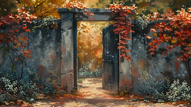 Secret garden gate partially open, inviting exploration, painted with a whimsical, storybook quality.