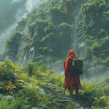 Adventurer trekking through an overgrown utopia, nature's reclaiming touch guiding their way.