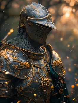 A knight's shining armor detailed in a 3D render, reflecting a tumultuous sky and a looming battle.