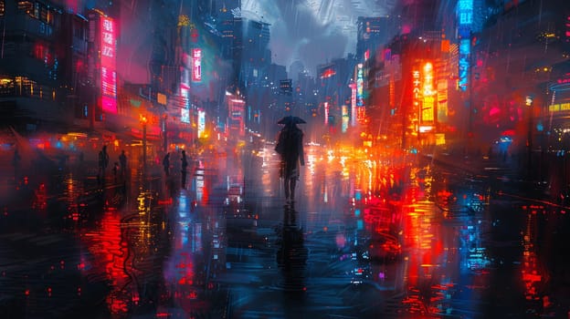 Vibrant digital painting of a figure navigating through neon-lit streets, reflecting the pulse of city life.