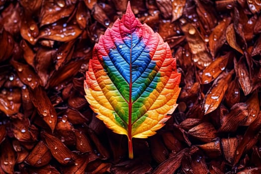 A leaf with a rainbow of colors is on a pink background. The colors of the leaf are red, orange, yellow, and green