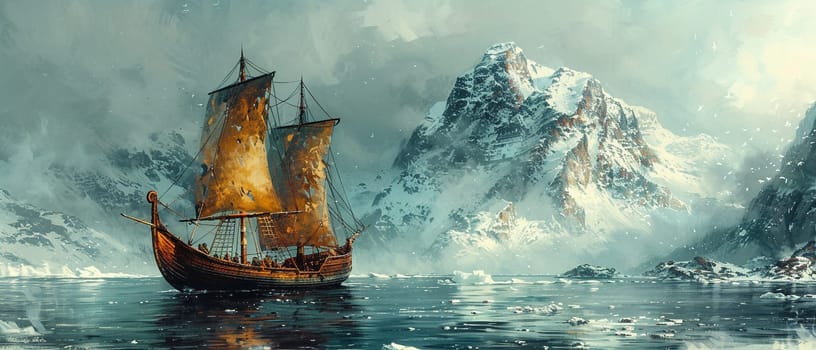 Viking longship navigating icy waters, depicted with a Norse art style and cold, bracing colors.