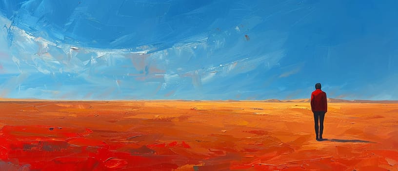 Desert wanderer under a vast sky painted in a minimalist style, focusing on the expanse and solitude.
