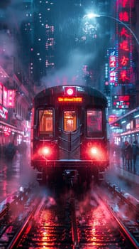 Night train arrival captured in a futuristic, Blade Runner-inspired neon palette and atmospheric detail.