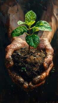 Gardener's hands nurturing a growing seedling, painted with a focus on texture and the green of life.