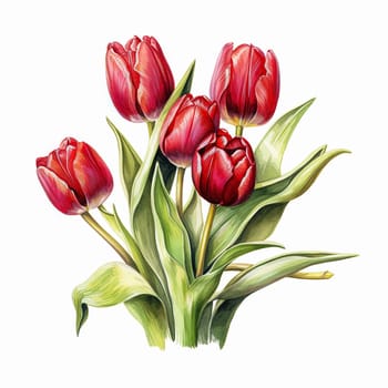 A bouquet of red tulips with green leaves. The flowers are arranged in a row, with some of them overlapping each other. Scene is one of beauty and elegance