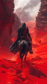 Nomad riding the dunes of a crimson desert, their story etched by the wind's eternal caress.