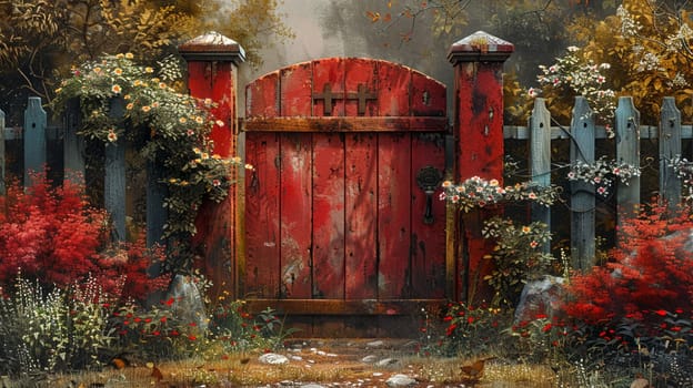 Secret garden gate partially open, inviting exploration, painted with a whimsical, storybook quality.