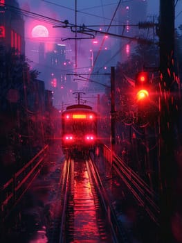 Night train arrival captured in a futuristic, Blade Runner-inspired neon palette and atmospheric detail.