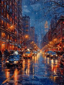 Rain-slicked urban street captured in glossy oil paints, highlighting reflective surfaces and city lights.