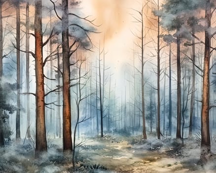 A painting of a forest with trees and a sky in the background. The mood of the painting is serene and peaceful