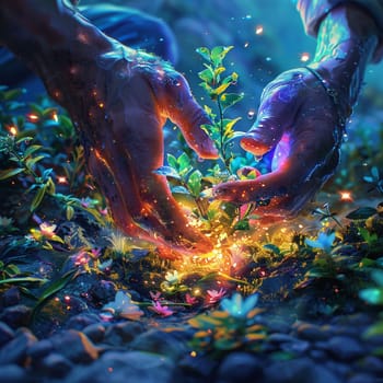 Hands planting a magical seed that glows with life, illustrated in a vibrant digital painting.