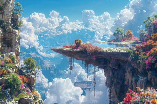 Alien landscape with floating rocks and vibrant flora, rendered in a surrealistic and imaginative style.