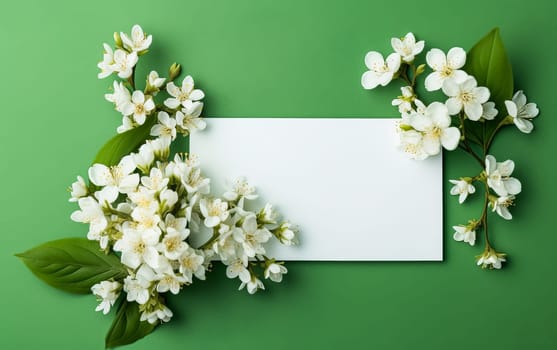 A white sheet of paper is placed on a green background with a bunch of white flowers. The flowers are arranged in a way that they are overlapping the paper, creating a sense of depth and dimension