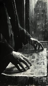 Detective's hands searching through clues, illustrated in a noir-inspired style with dramatic shadows.