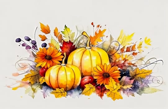 A painting of pumpkins and leaves with a white background. The painting has a warm and inviting mood, with the bright colors of the pumpkins and leaves creating a sense of autumn