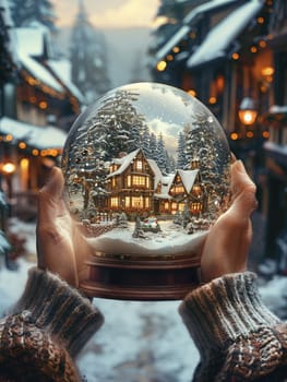 Hands holding a snow globe with a miniature winter village, rendered in a soft, enchanting style.