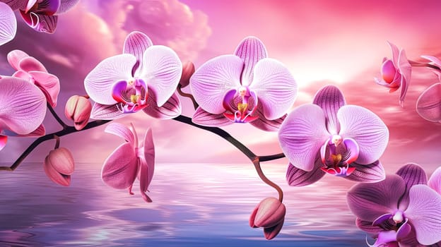 Two pink orchids are shown on a purple background. The flowers are in full bloom and are the main focus of the image. The purple background adds a sense of depth and contrast to the flowers