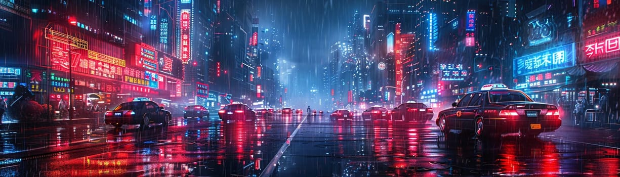 Dystopian cityscape with neon signs and rain-slick streets, illustrated in a cyberpunk anime style.