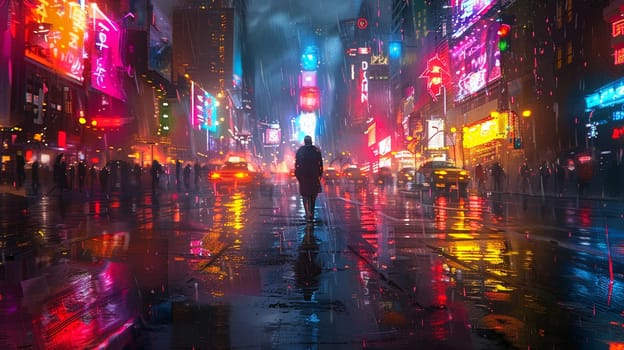 Vibrant digital painting of a figure navigating through neon-lit streets, reflecting the pulse of city life.