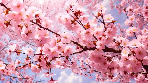 A pink tree branch with pink flowers. The flowers are small and are scattered all over the branch. The image has a serene and peaceful mood, as the pink flowers are delicate