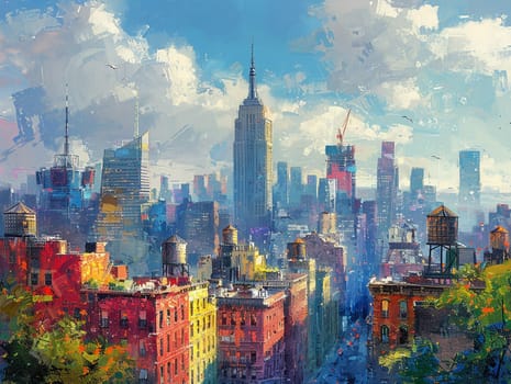 City overlook rendered in an expressive, painterly style, with loose brushwork and a vibrant palette.