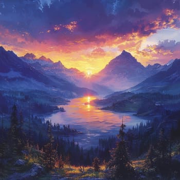 Mountain peak sunset painted with an emphasis on dramatic lighting and expansive views in a romantic style.