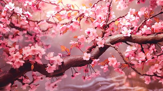 A pink tree branch with pink flowers. The flowers are small and are scattered all over the branch. The image has a serene and peaceful mood, as the pink flowers are delicate