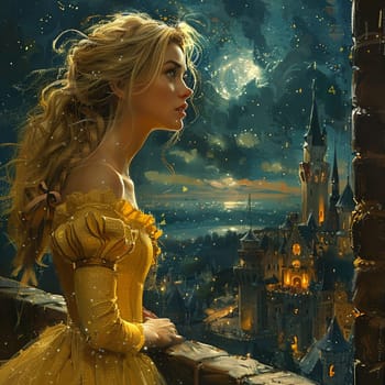Fairytale princess gazing out of a tower window, illustrated in a classic Disney-inspired style.