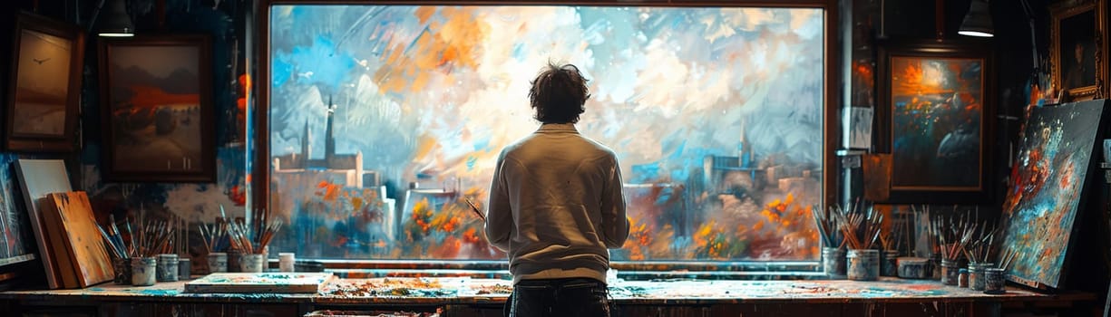 Painter in their studio, world outside the window melting into their canvas of colors.