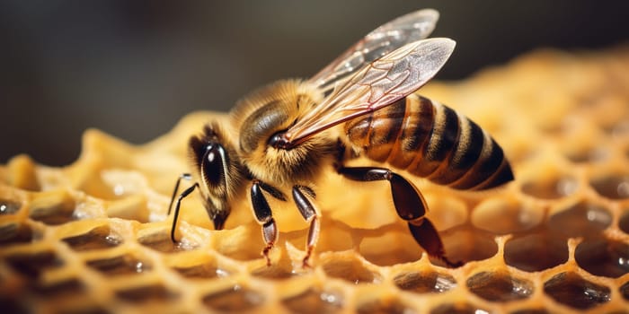 Close-up of a bee on the honeycomb eating on a blurred background
