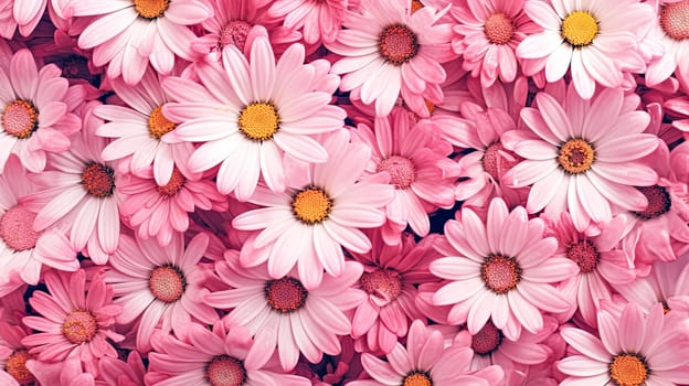 A field of white daisies with a pinkish hue. The flowers are in full bloom and are scattered throughout the field. Scene is peaceful and serene, as the flowers are a symbol of beauty and tranquility