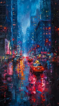 Rain-slicked urban street captured in glossy oil paints, highlighting reflective surfaces and city lights.