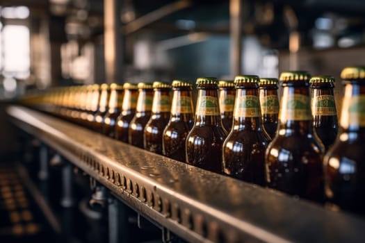 Rows of dark beer bottles on a conveyer belt in a brewery, showcasing the industrial bottling process