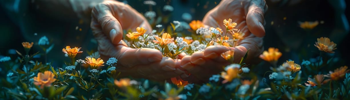 Botanist's hands examining a rare plant species, depicted with vibrant realism and scientific detail.