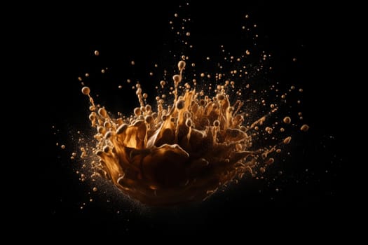 drops and splashes of the coffee isolated on a black background , generative AI