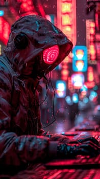 Cyber hacker in action illustrated with a neon, cyberpunk style, highlighting the digital underworld.