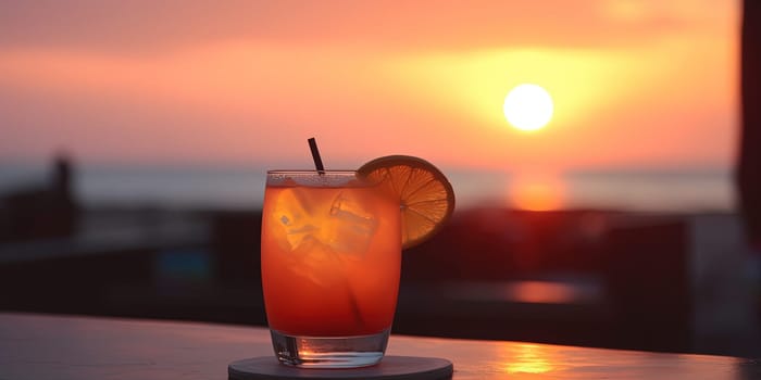 Close-up shot of a tropical cocktail with a sunset in blurred the background