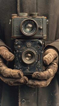 Hands holding a vintage camera, illustrated in a sepia-toned style evoking nostalgia and history.