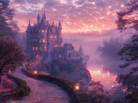 Majestic castle at twilight, digitally painted to evoke fairy tales and legendary stories.