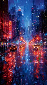 Rain-slicked urban street captured in glossy oil paints, highlighting reflective surfaces and city lights.