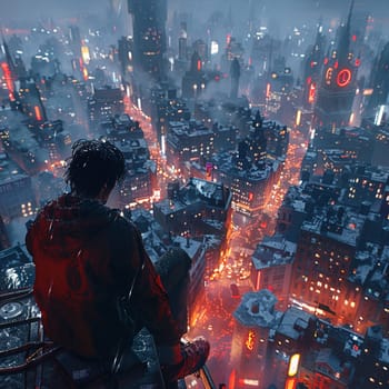 Protagonist perched on a skyscraper, city's heartbeat syncing with their own.