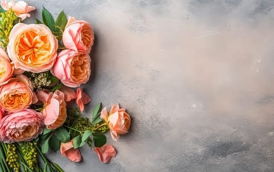 A bouquet of pink flowers is arranged on a grey background. The flowers are arranged in a way that they are not overlapping each other