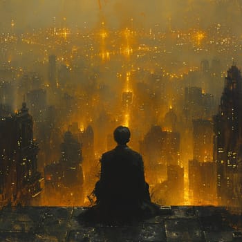 A pensive moment as a figure is framed by the amber wash of a city at dusk.